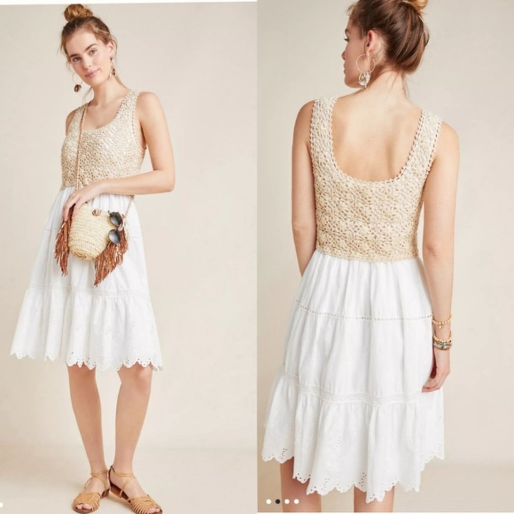 Anthropologie Brittney Crochet-Top Dress Cream and White
